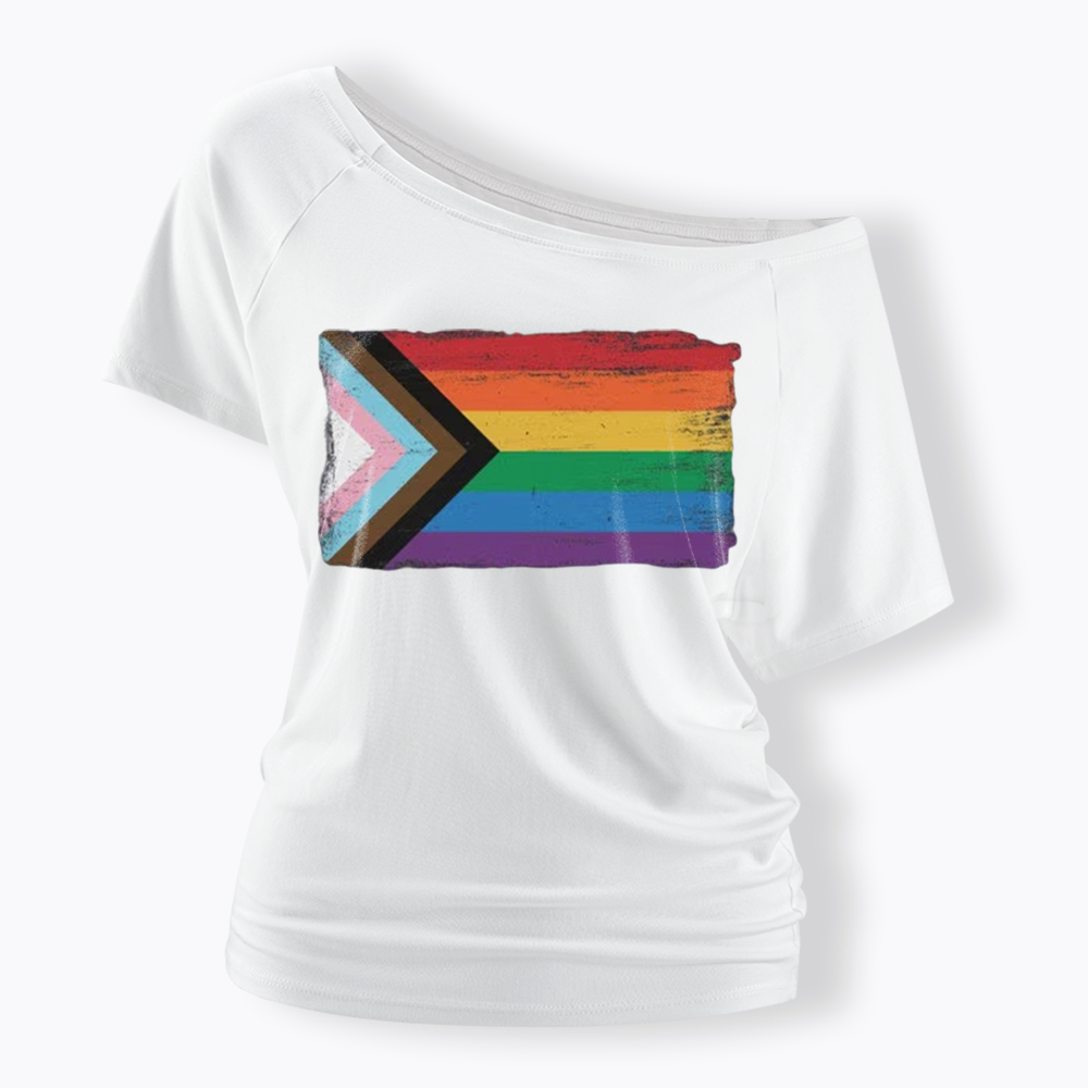 Progress Pride Flag Off Shoulder T-shirt