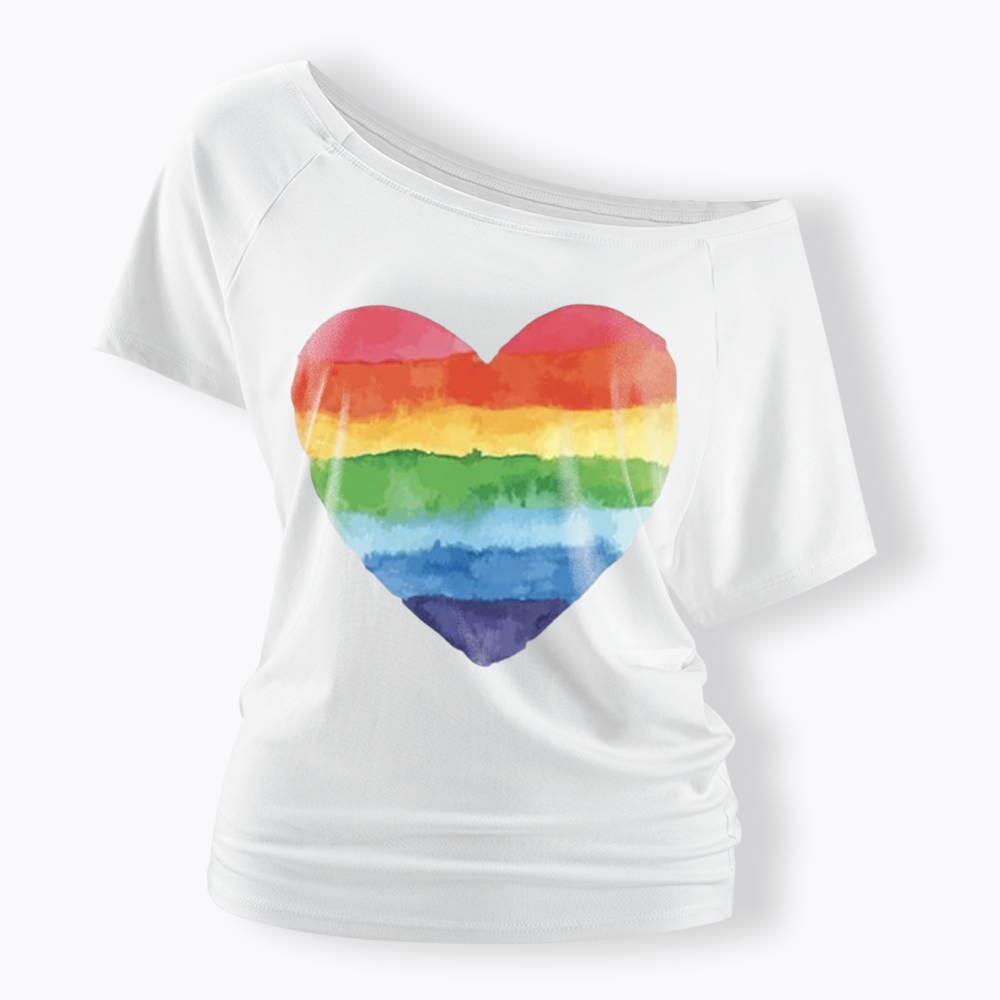 Watercolor Rainbow Heart Off Shoulder T-shirt