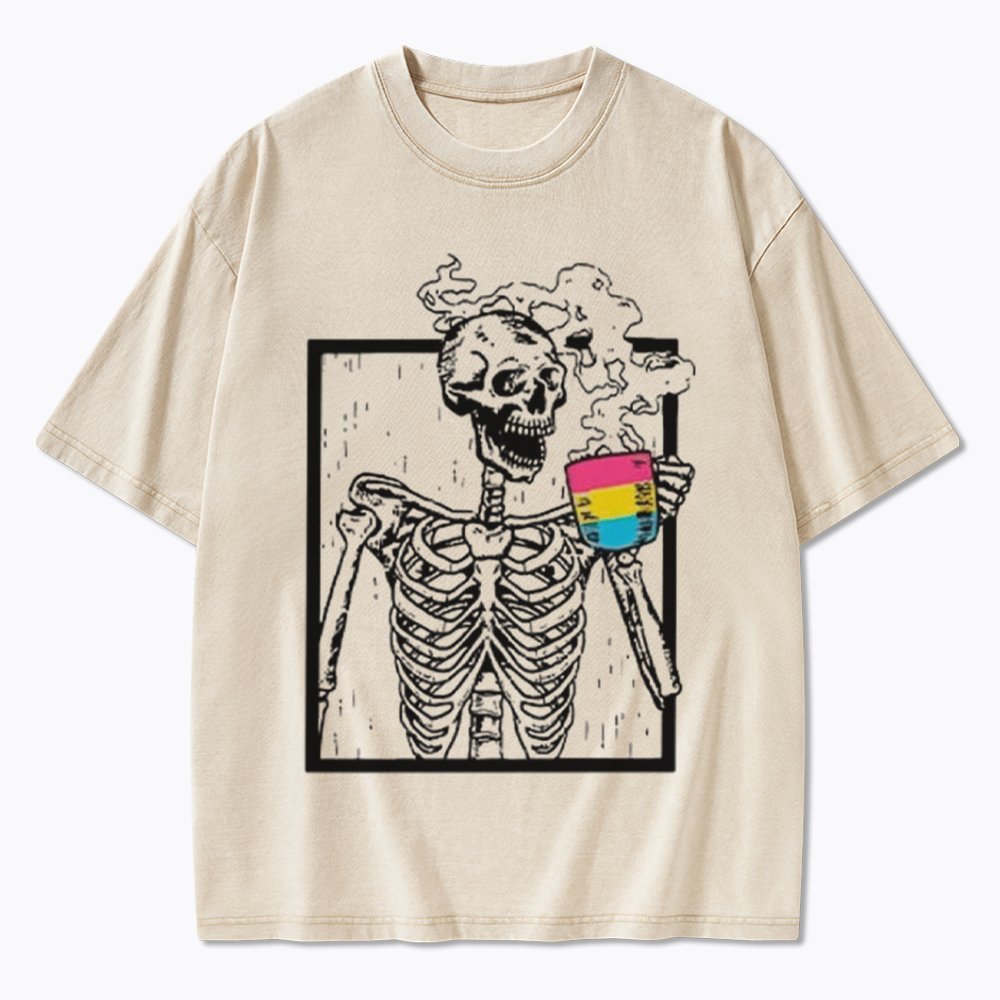 Pansexual Skeleton Drinking Coffee Washed T-Shirt
