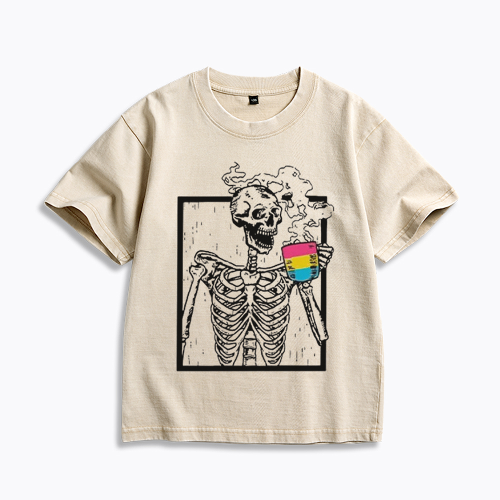 Pansexual Skeleton Drinking Coffee Kids Washed T-Shirt