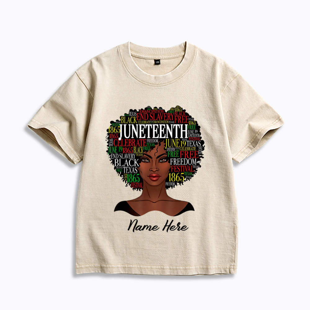 Personalized Juneteenth Black Women Natural Hair Kids Washed T-Shirt