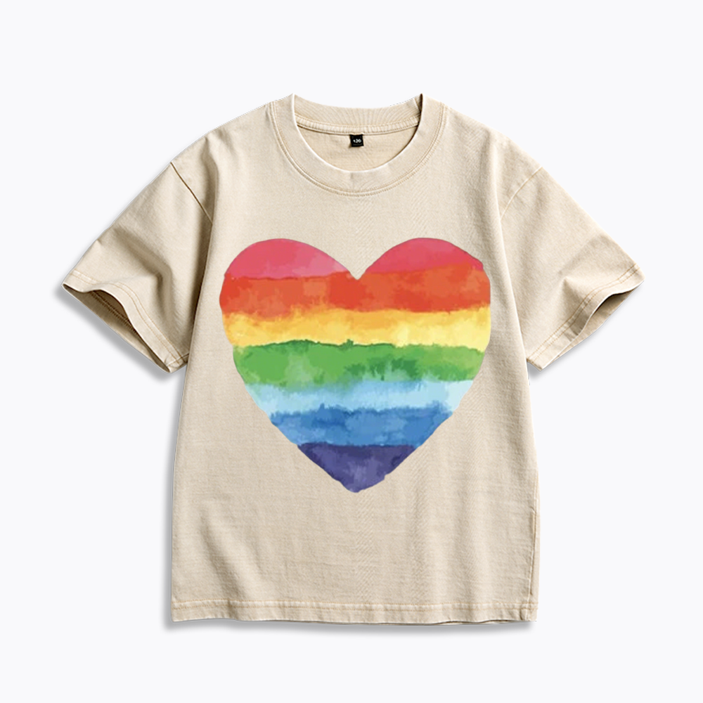 Watercolor Rainbow Heart Kids Washed T-Shirt 