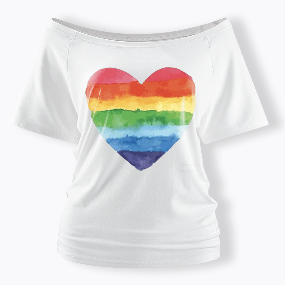 Watercolor Rainbow Heart Off Shoulder T-shirt