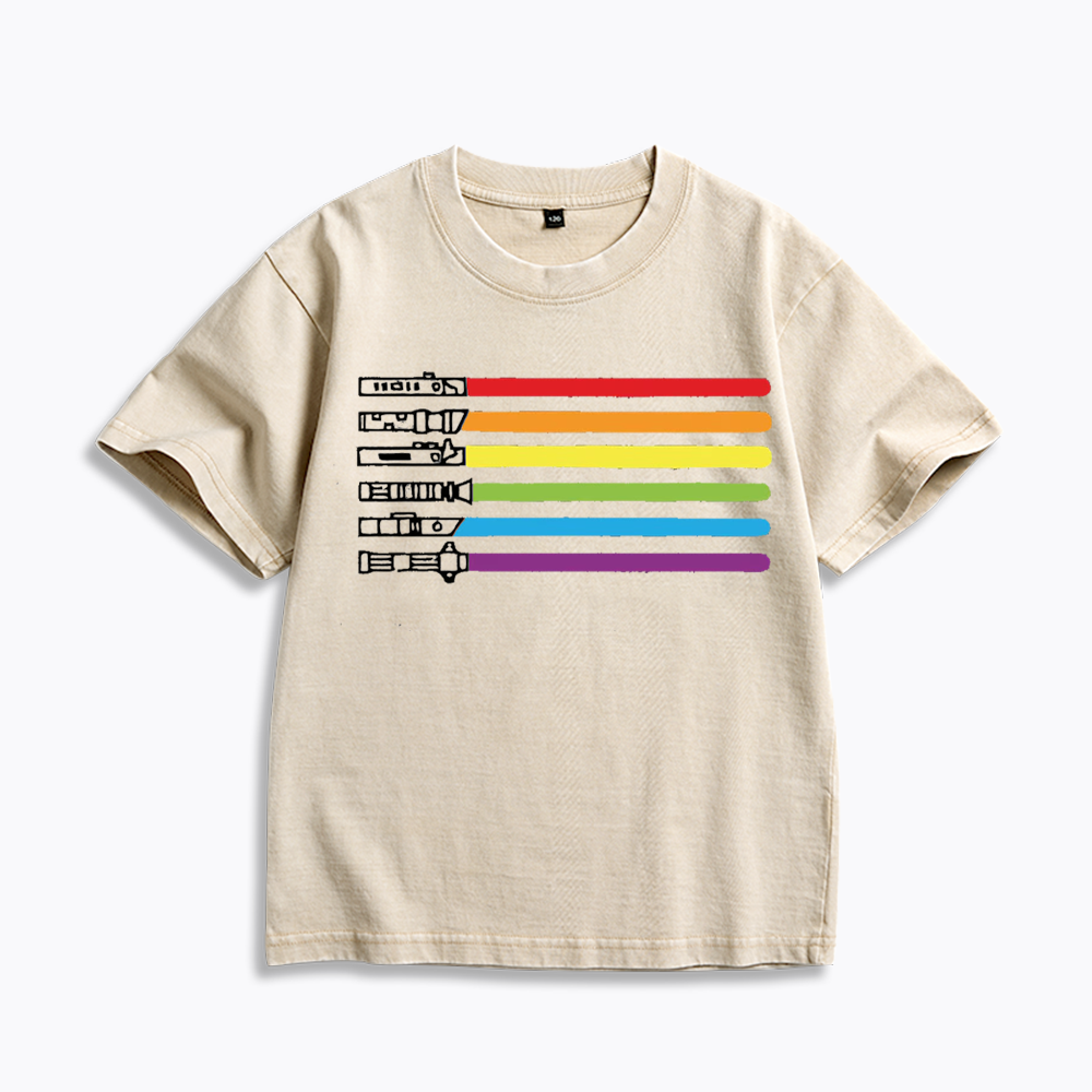 Rainbow Lightsaber Kids Washed T-Shirt 