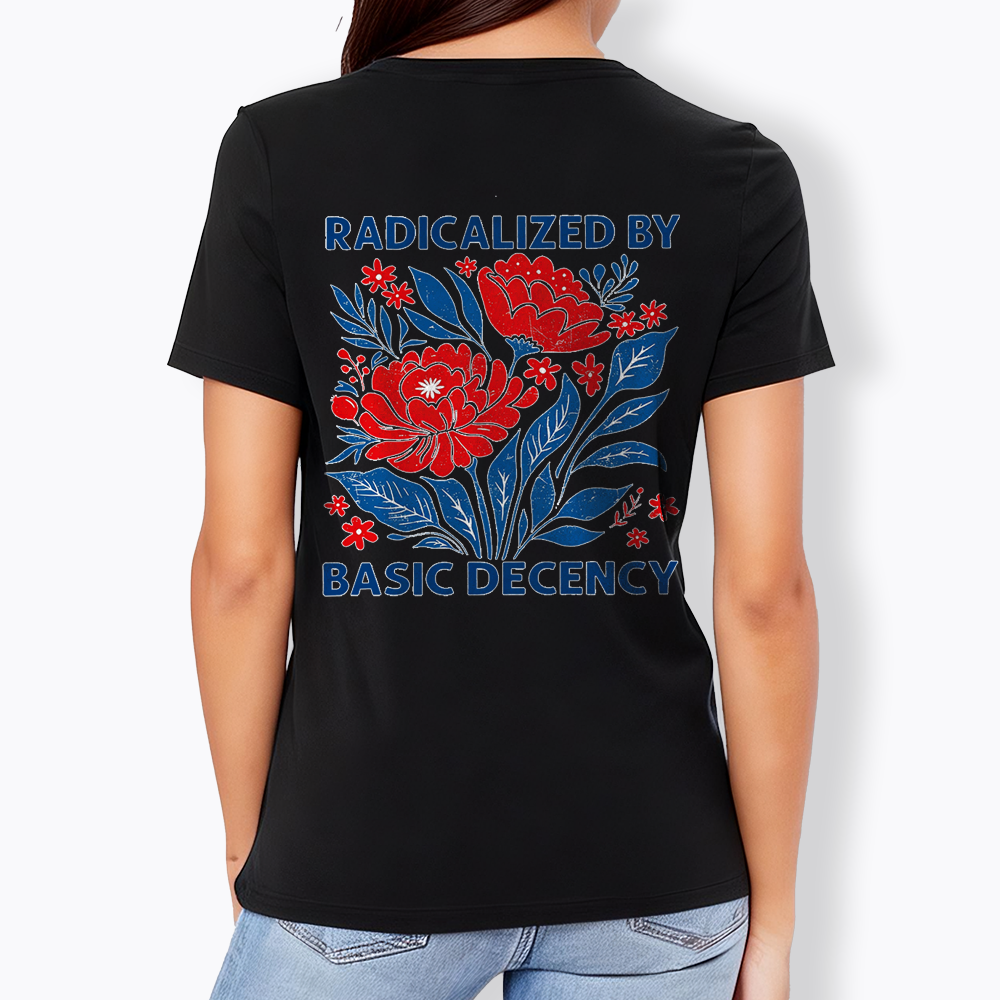 Radicalized by Basic Decency, Floral Graphic V-Neck Classic T-Shirt