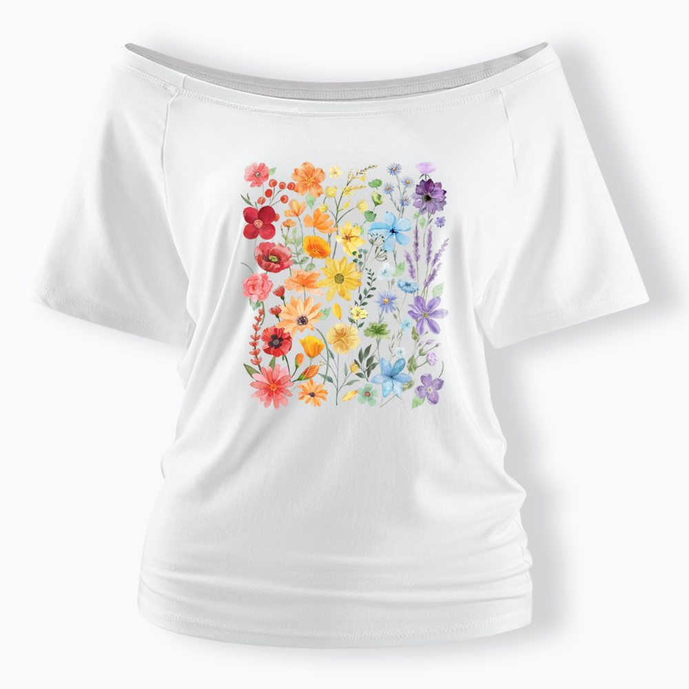 Rainbow Flowers Off Shoulder T-shirt