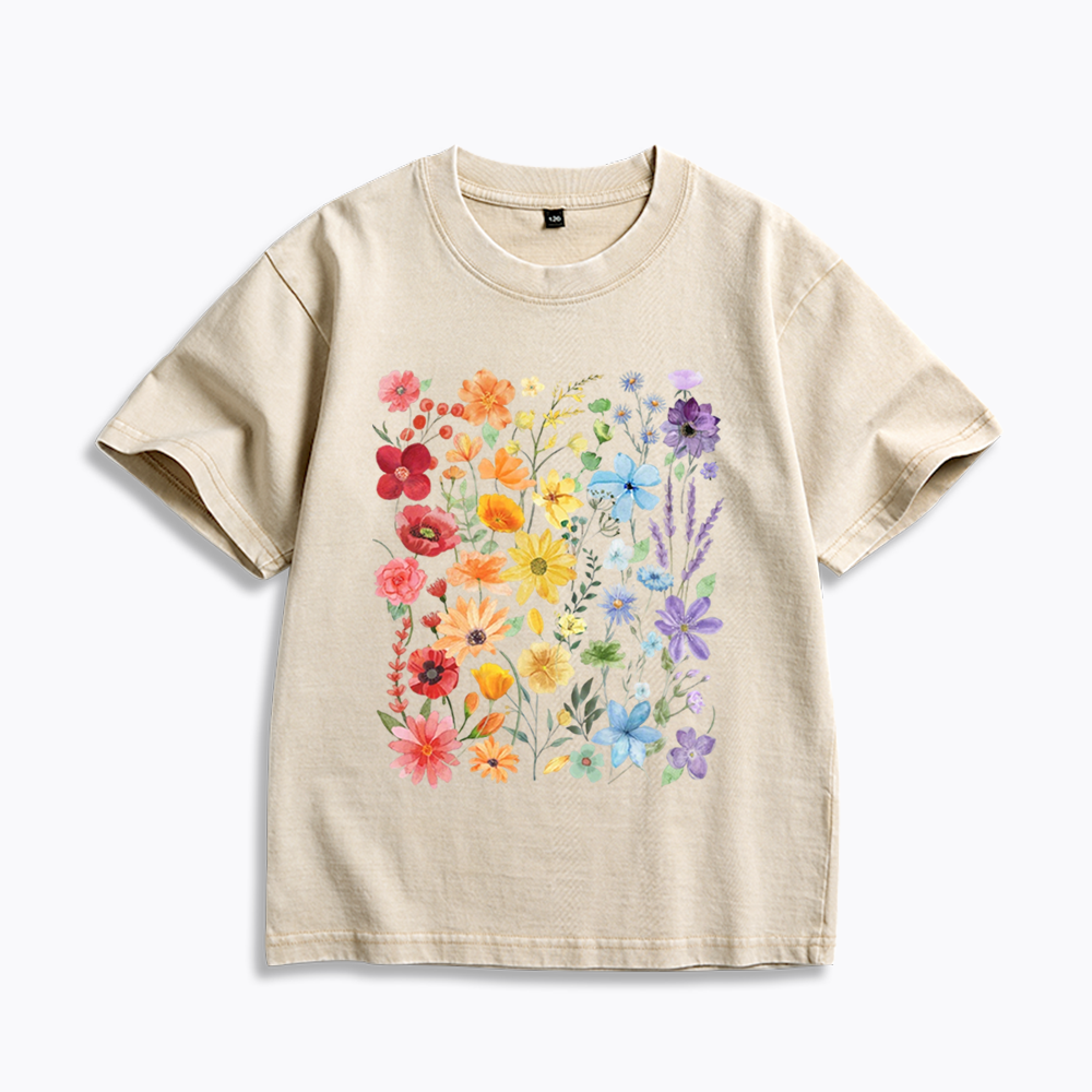 Rainbow Flowers Kids Washed T-Shirt