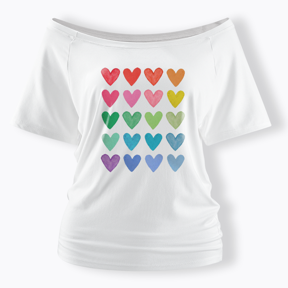 Rainbow Hearts Off Shoulder T-shirt