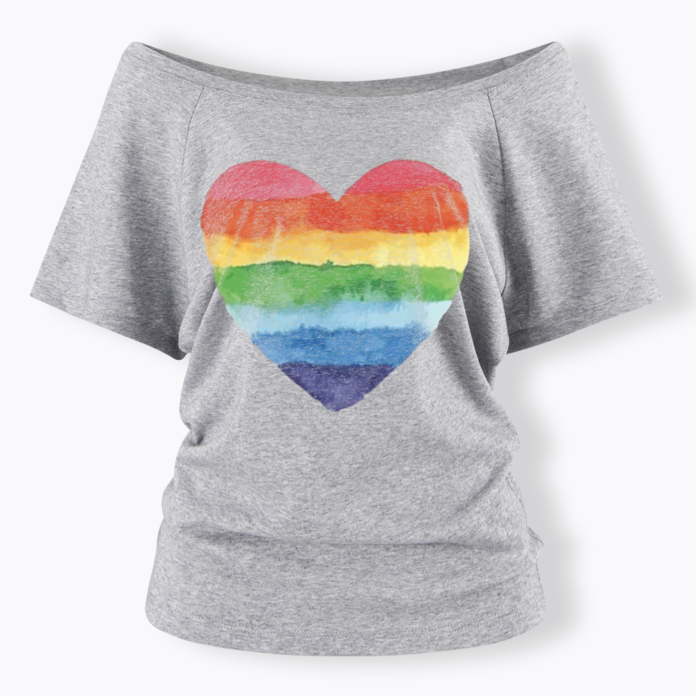Watercolor Rainbow Heart Off Shoulder T-shirt