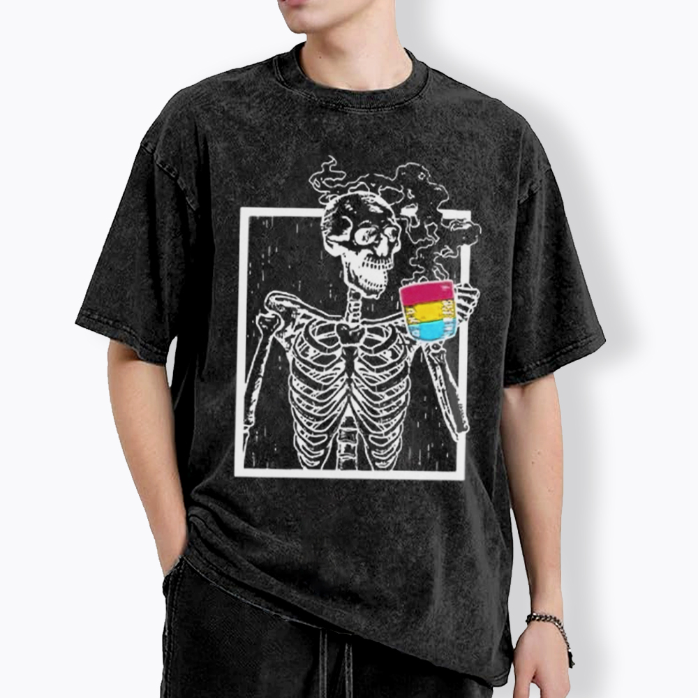 Pansexual Skeleton Drinking Coffee Washed T-Shirt