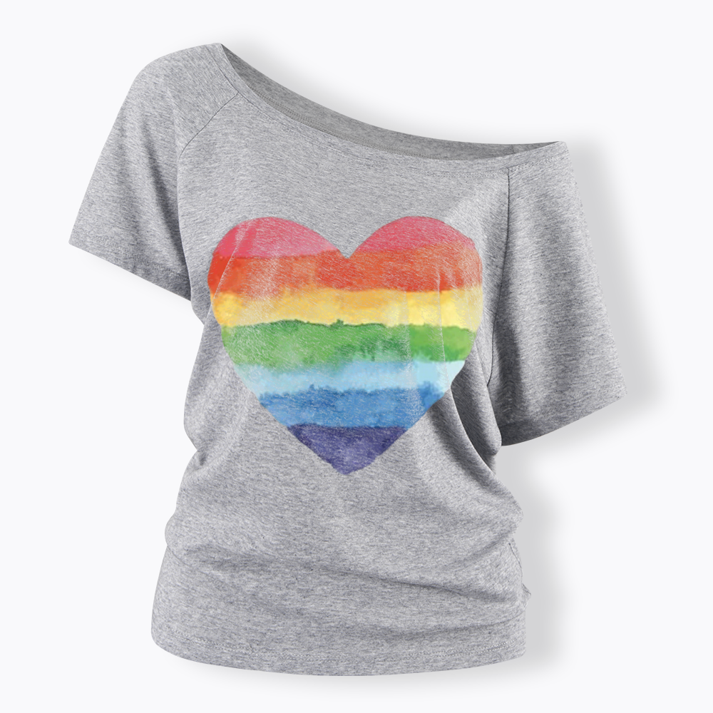 Watercolor Rainbow Heart Off Shoulder T-shirt