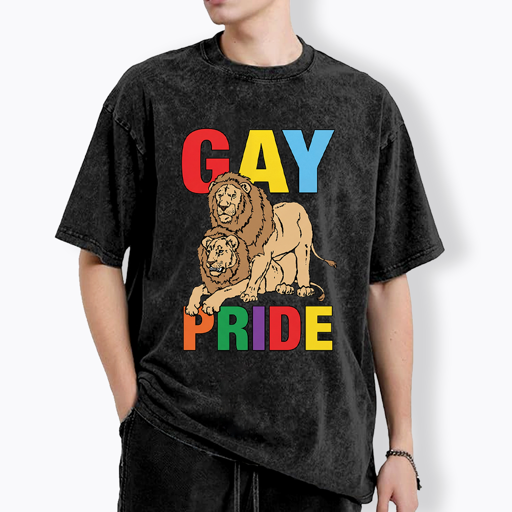 Funny Gay Pride Lion  Washed T-Shirt