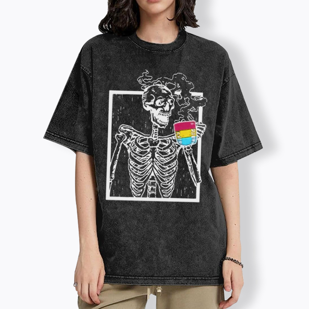 Pansexual Skeleton Drinking Coffee Washed T-Shirt