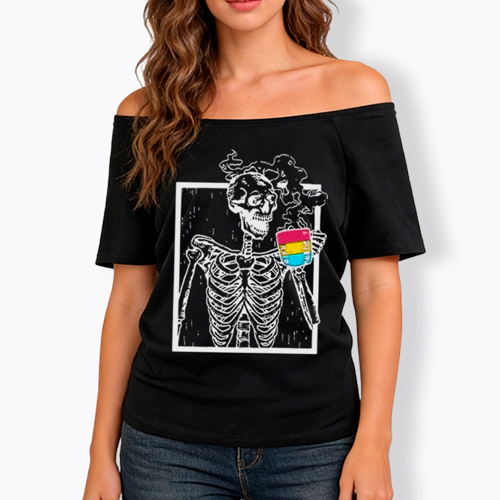 Pansexual Skeleton Drinking Coffee Off Shoulder T-shirt
