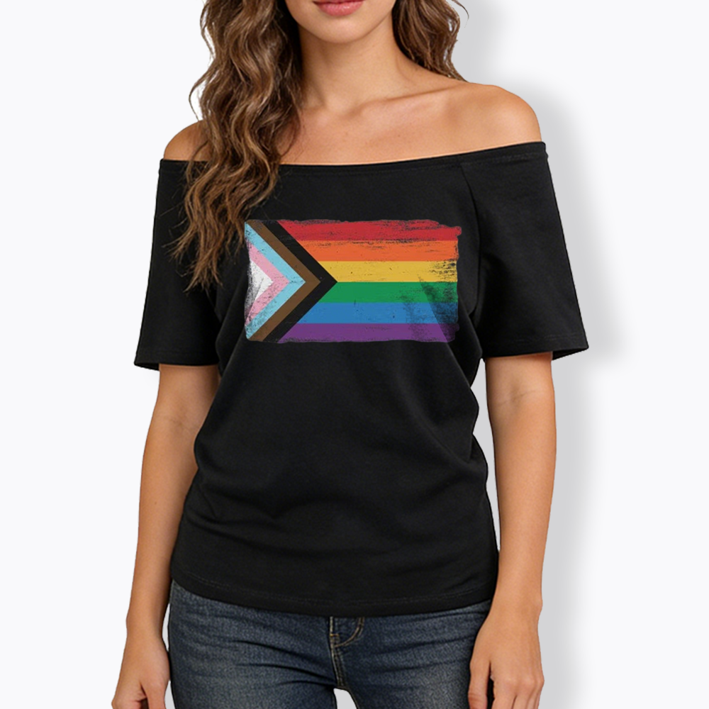 Progress Pride Flag Off Shoulder T-shirt