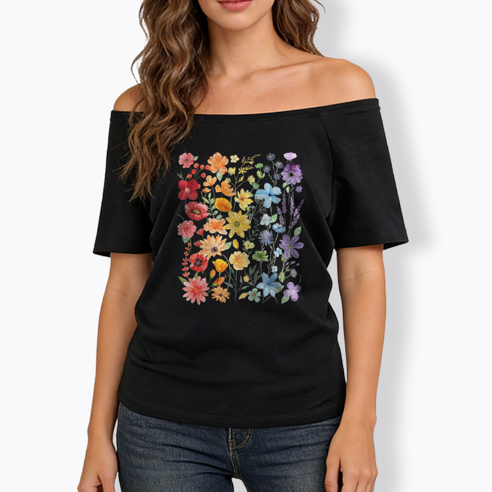Rainbow Flowers Off Shoulder T-shirt