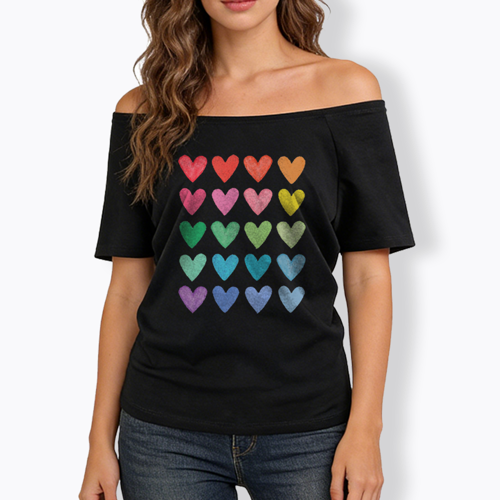 Rainbow Hearts Off Shoulder T-shirt