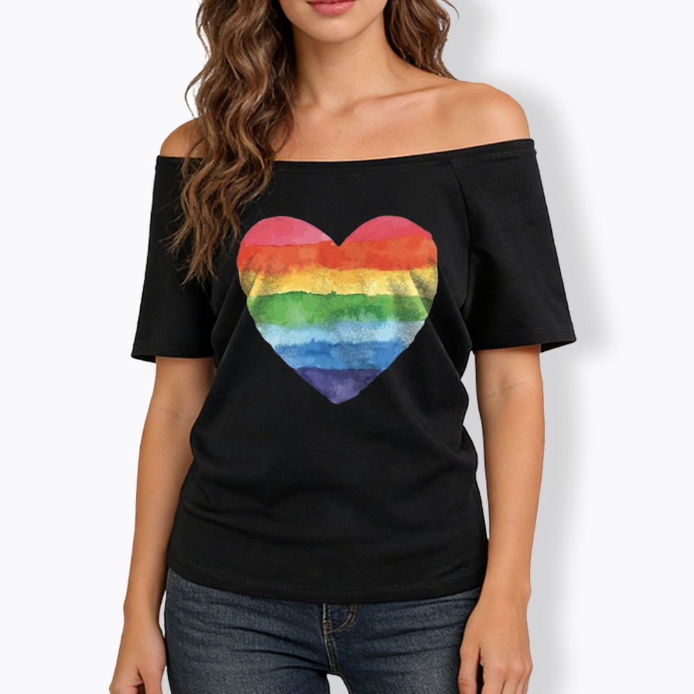 Watercolor Rainbow Heart Off Shoulder T-shirt