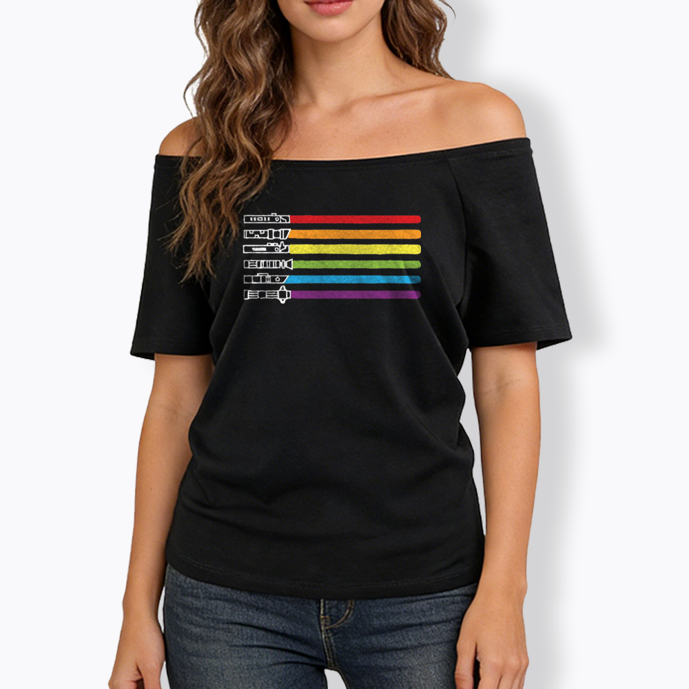 Rainbow Lightsaber Off Shoulder T-shirt
