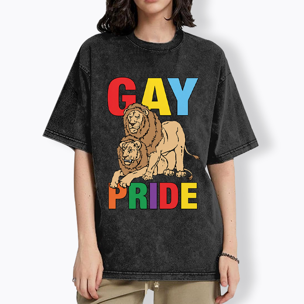 Funny Gay Pride Lion  Washed T-Shirt