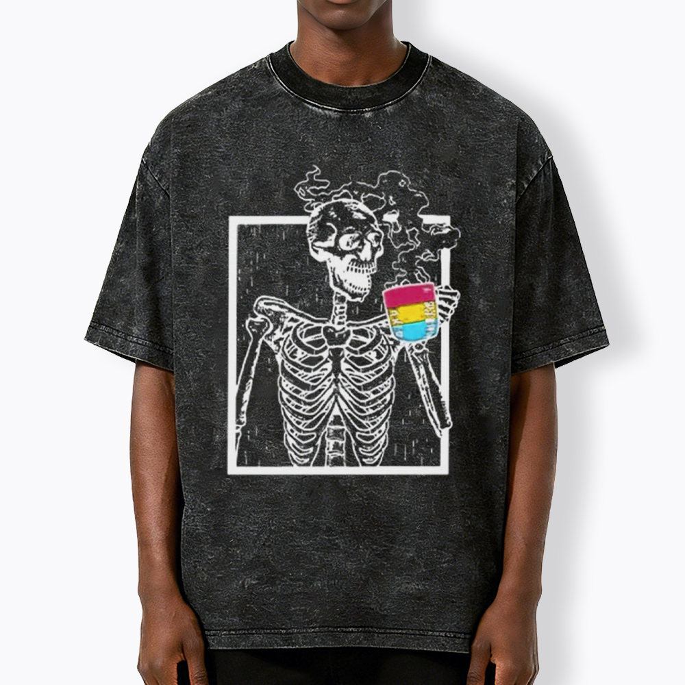 Pansexual Skeleton Drinking Coffee Washed T-Shirt