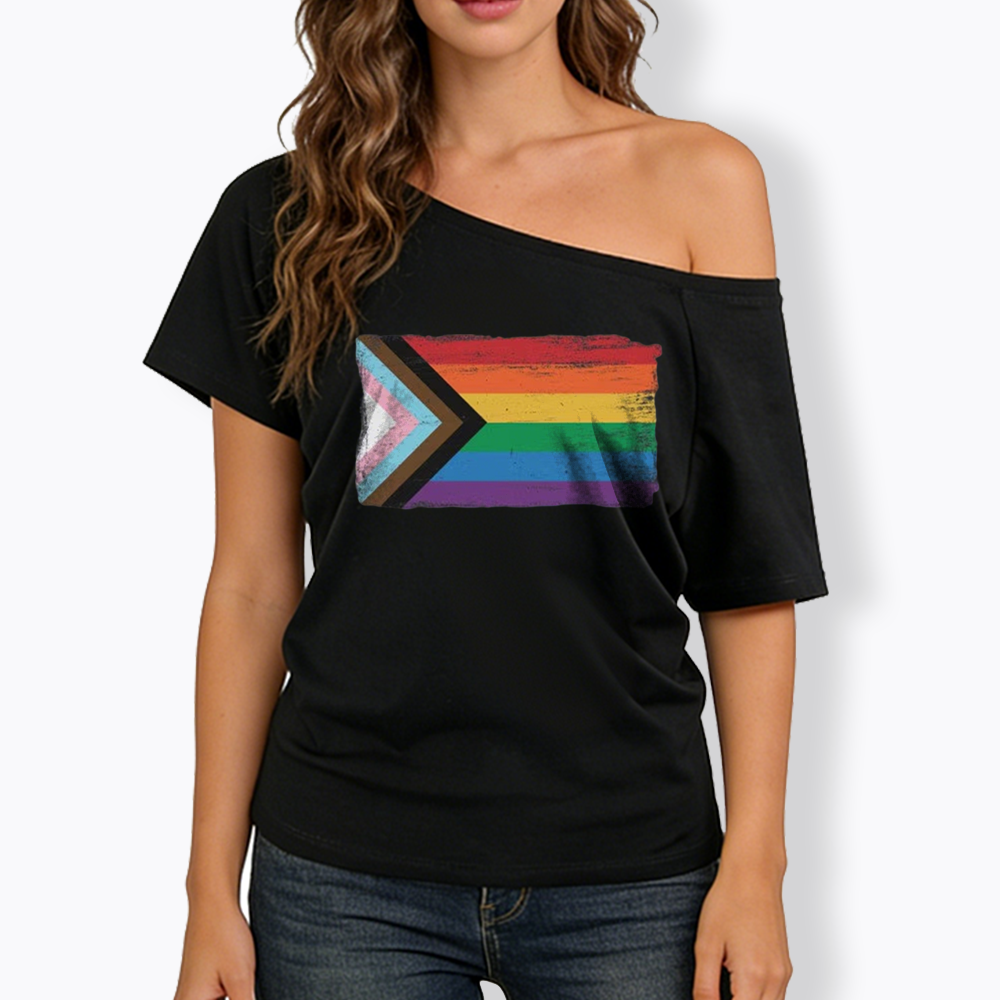 Progress Pride Flag Off Shoulder T-shirt
