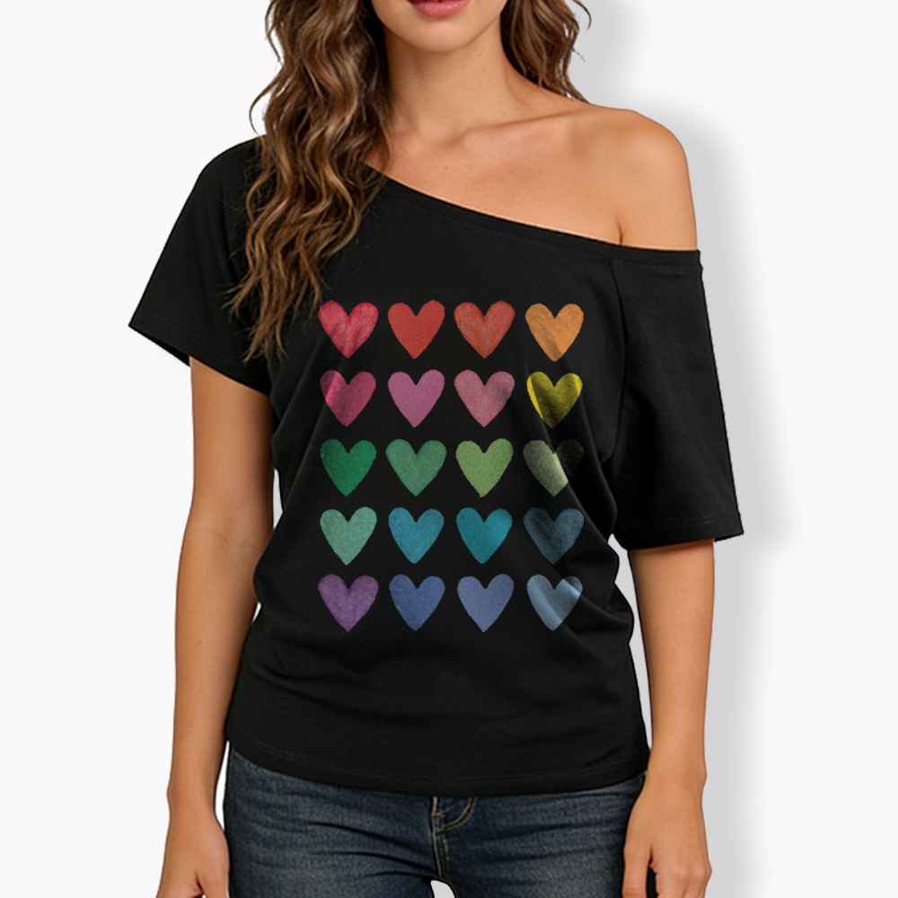 Rainbow Hearts Off Shoulder T-shirt