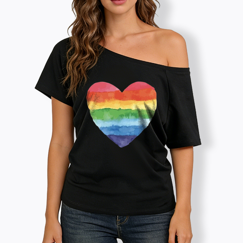 Watercolor Rainbow Heart Off Shoulder T-shirt