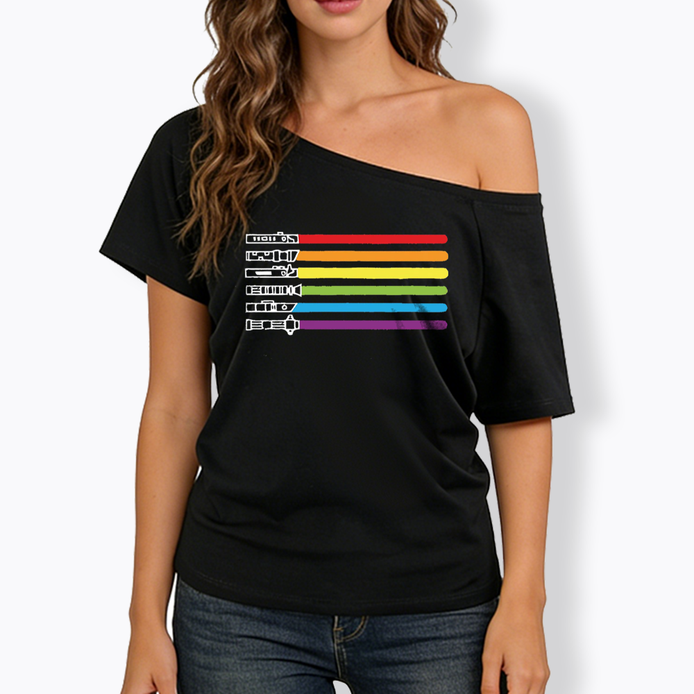 Rainbow Lightsaber Off Shoulder T-shirt