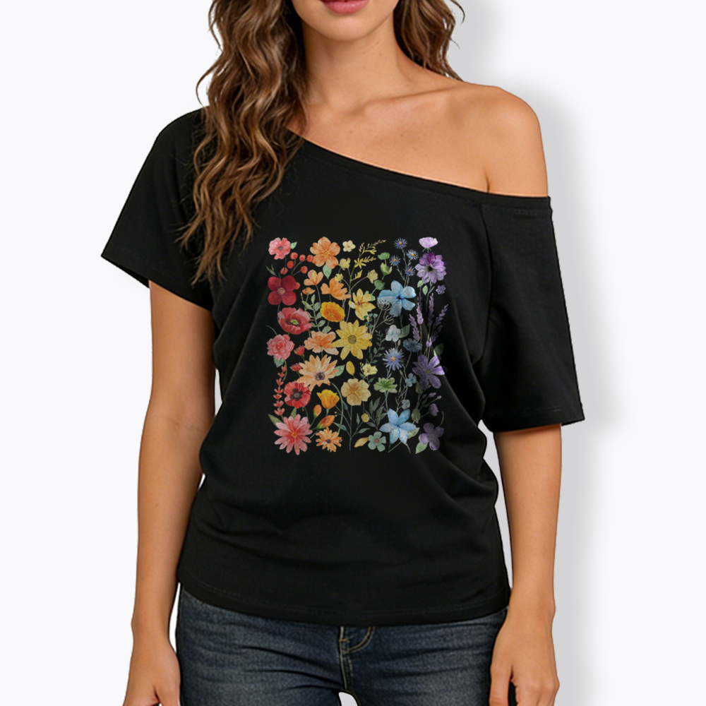 Rainbow Flowers Off Shoulder T-shirt