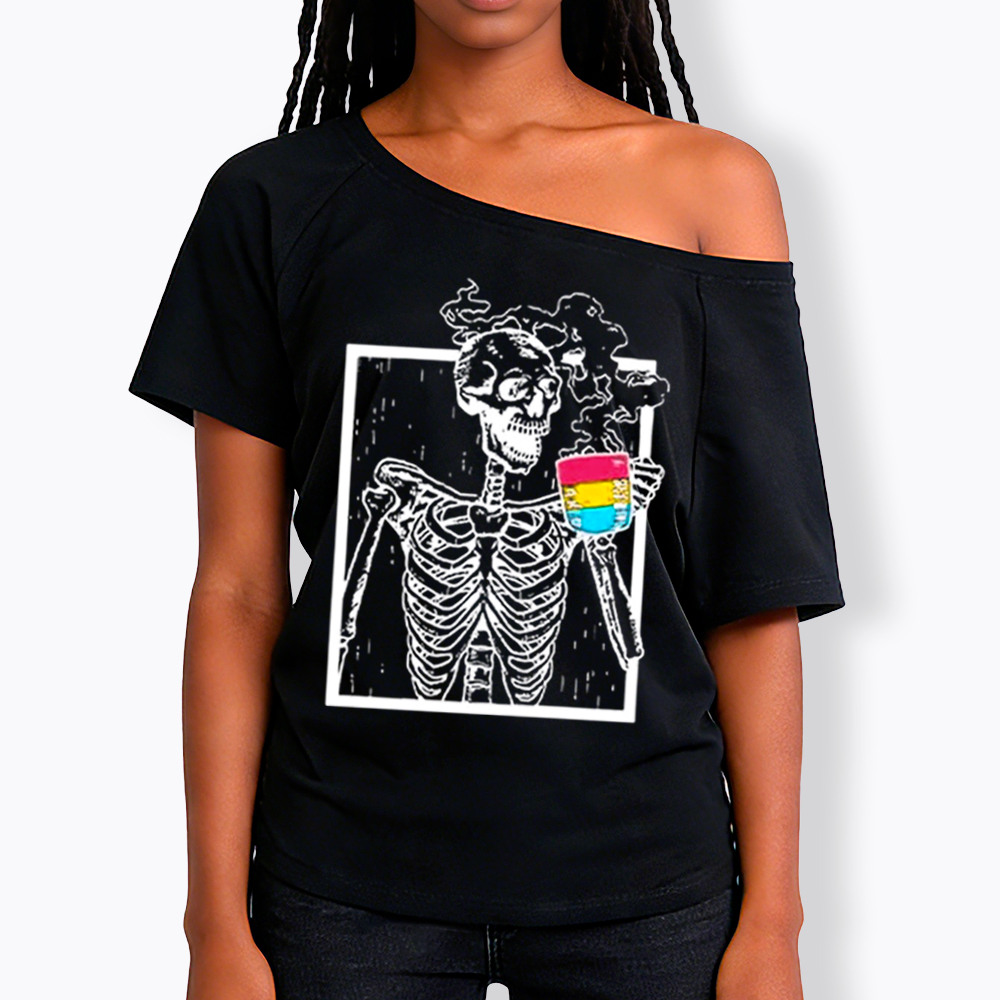 Pansexual Skeleton Drinking Coffee Off Shoulder T-shirt