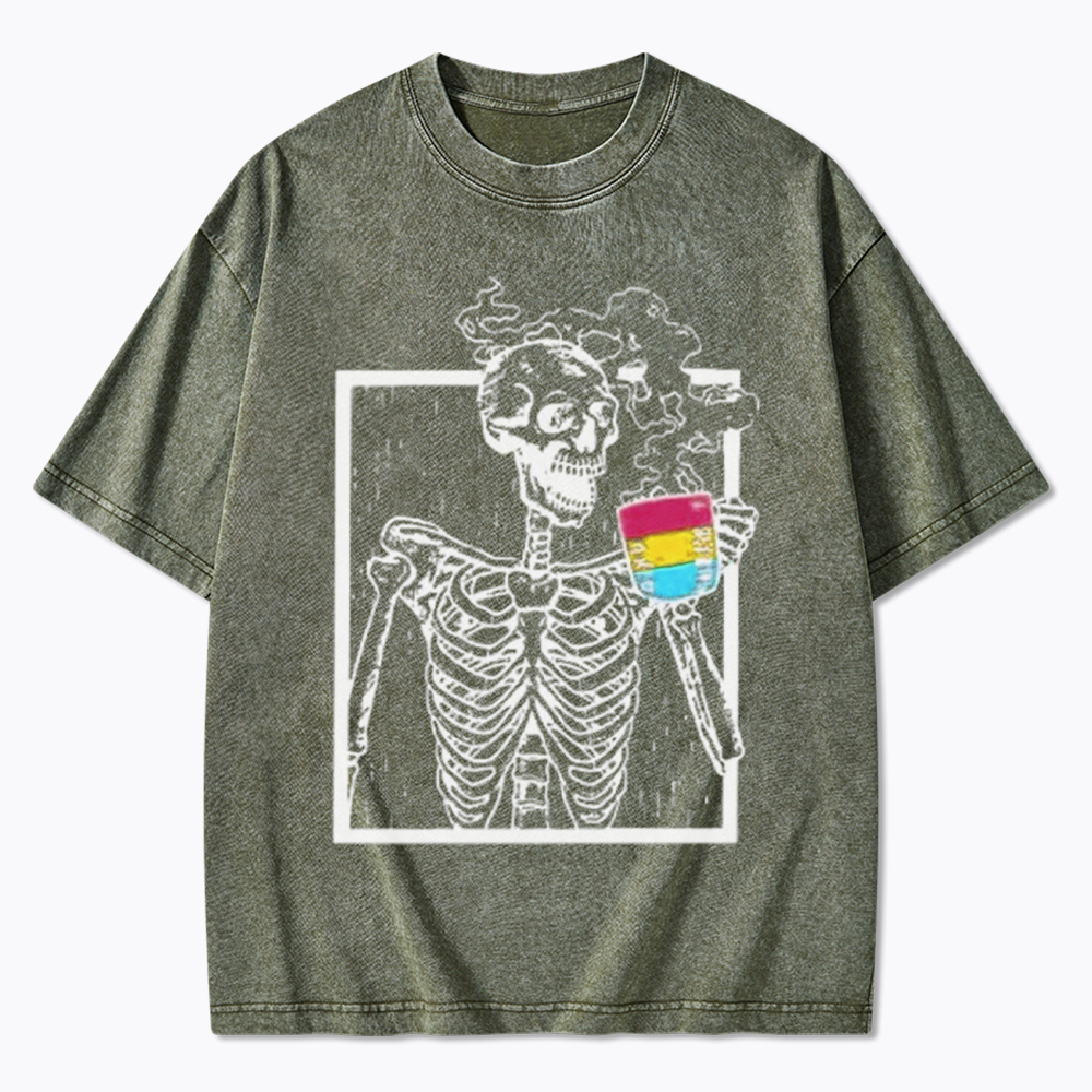 Pansexual Skeleton Drinking Coffee Washed T-Shirt