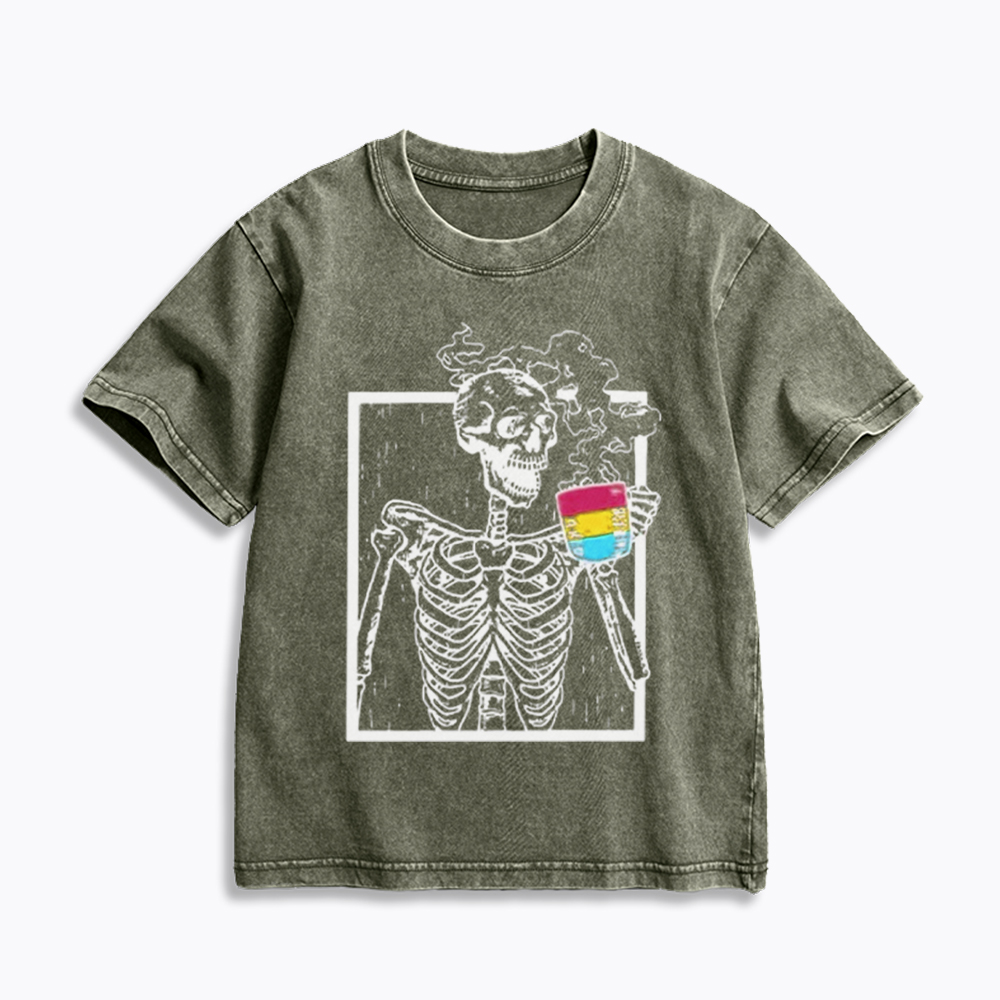 Pansexual Skeleton Drinking Coffee Kids Washed T-Shirt