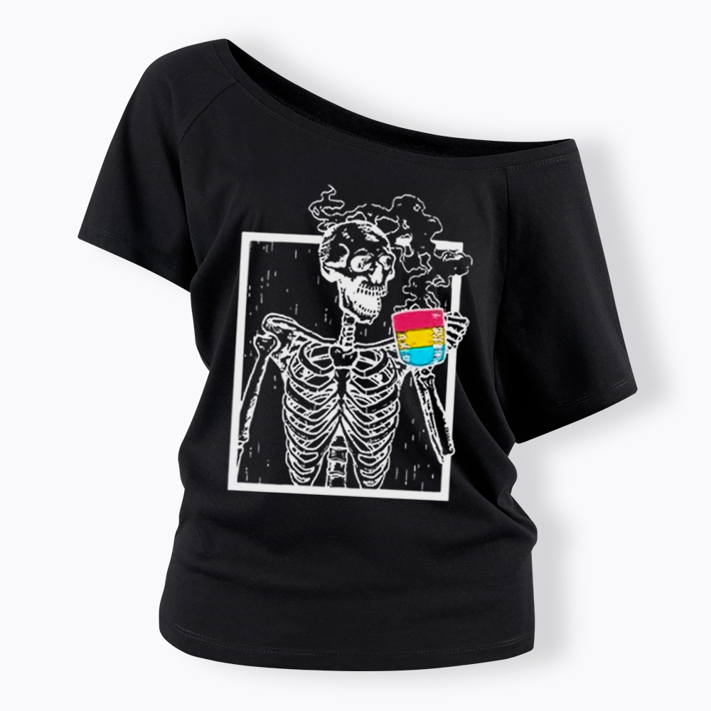 Pansexual Skeleton Drinking Coffee Off Shoulder T-shirt