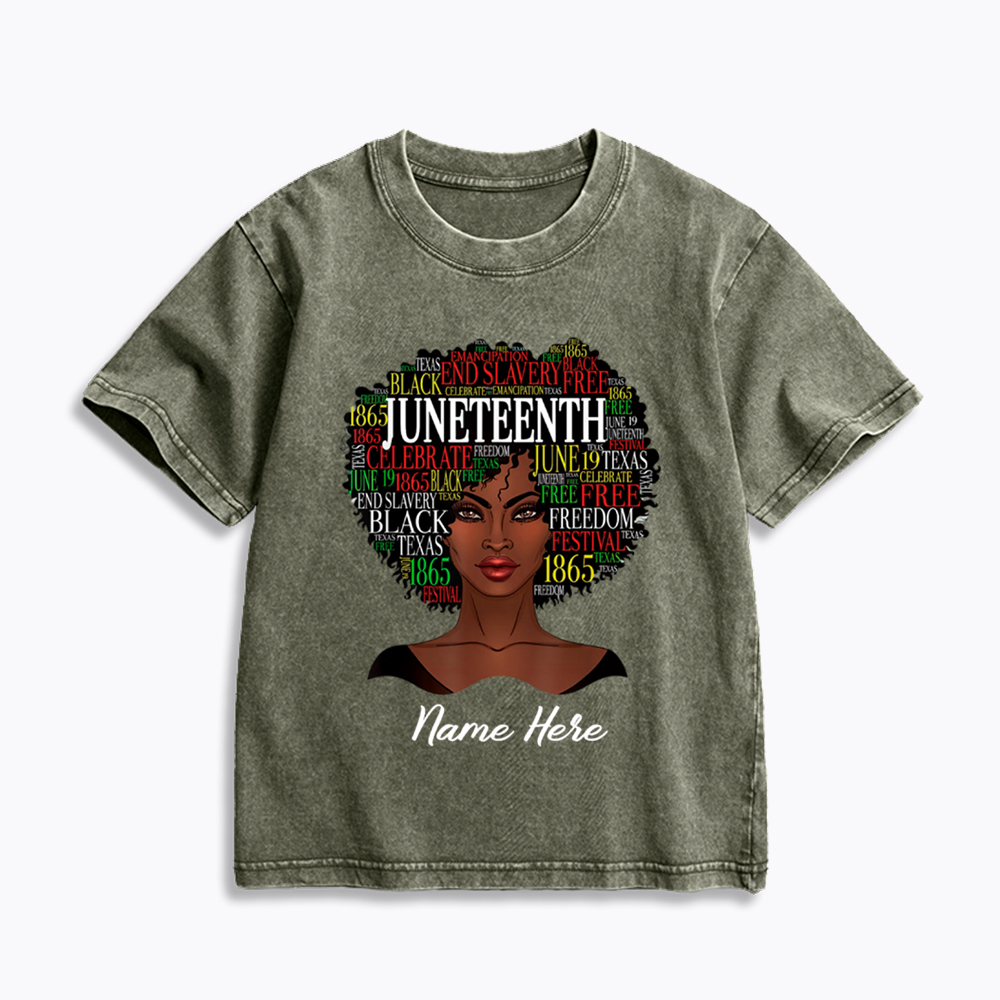 Personalized Juneteenth Black Women Natural Hair Kids Washed T-Shirt