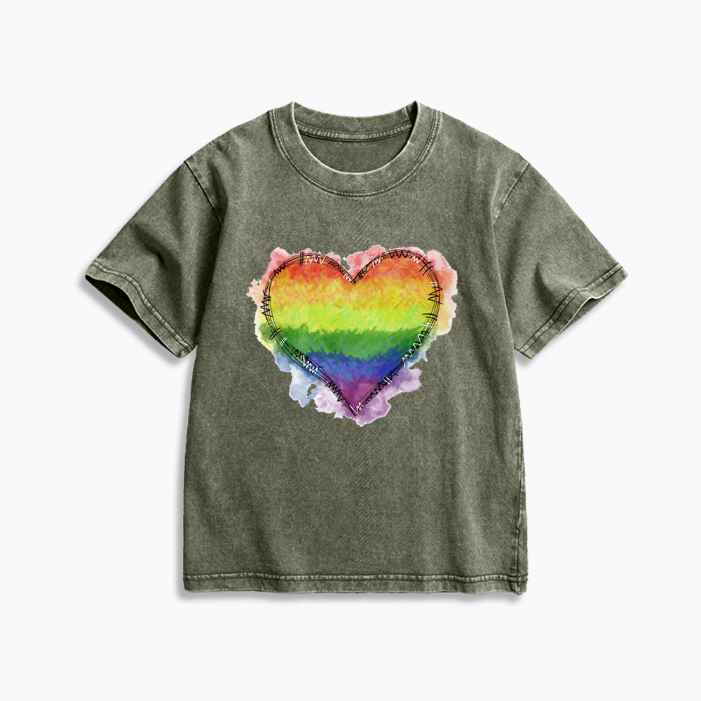 Rainbow Heart Kids Washed T-Shirt