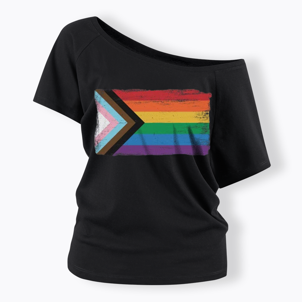 Progress Pride Flag Off Shoulder T-shirt