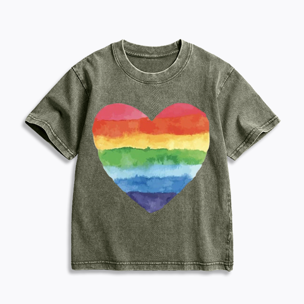 Watercolor Rainbow Heart Kids Washed T-Shirt 