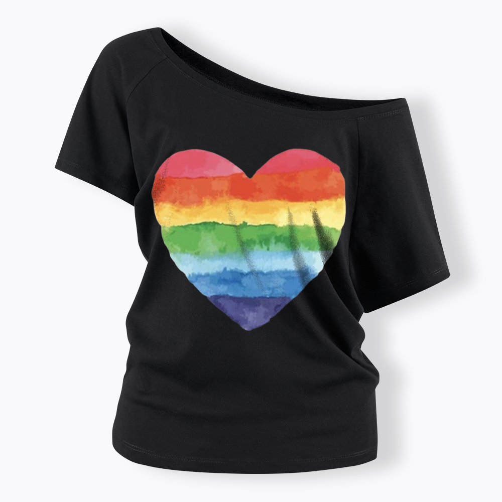 Watercolor Rainbow Heart Off Shoulder T-shirt