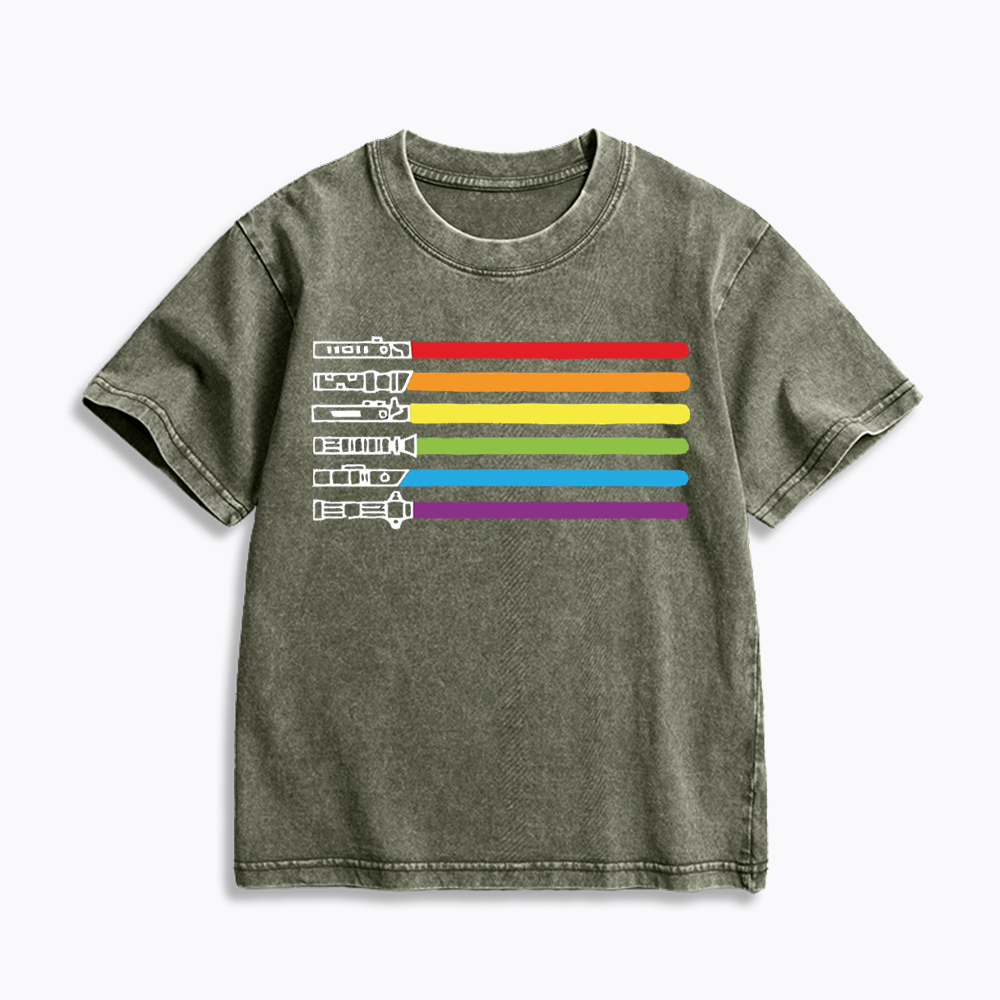 Rainbow Lightsaber Kids Washed T-Shirt 