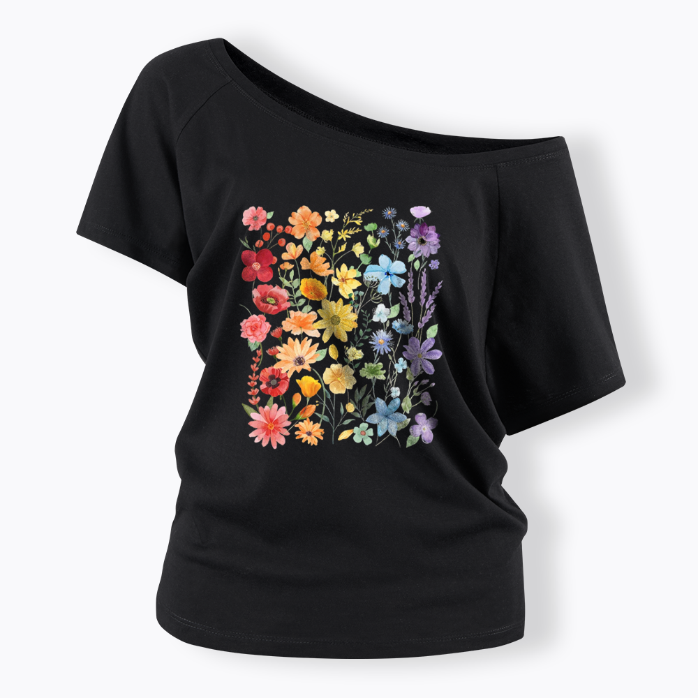 Rainbow Flowers Off Shoulder T-shirt