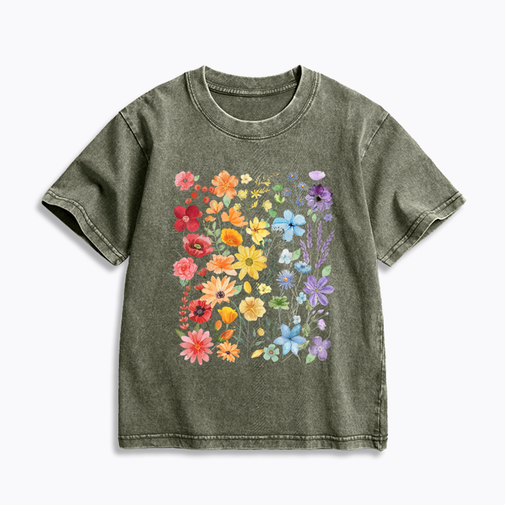Rainbow Flowers Kids Washed T-Shirt