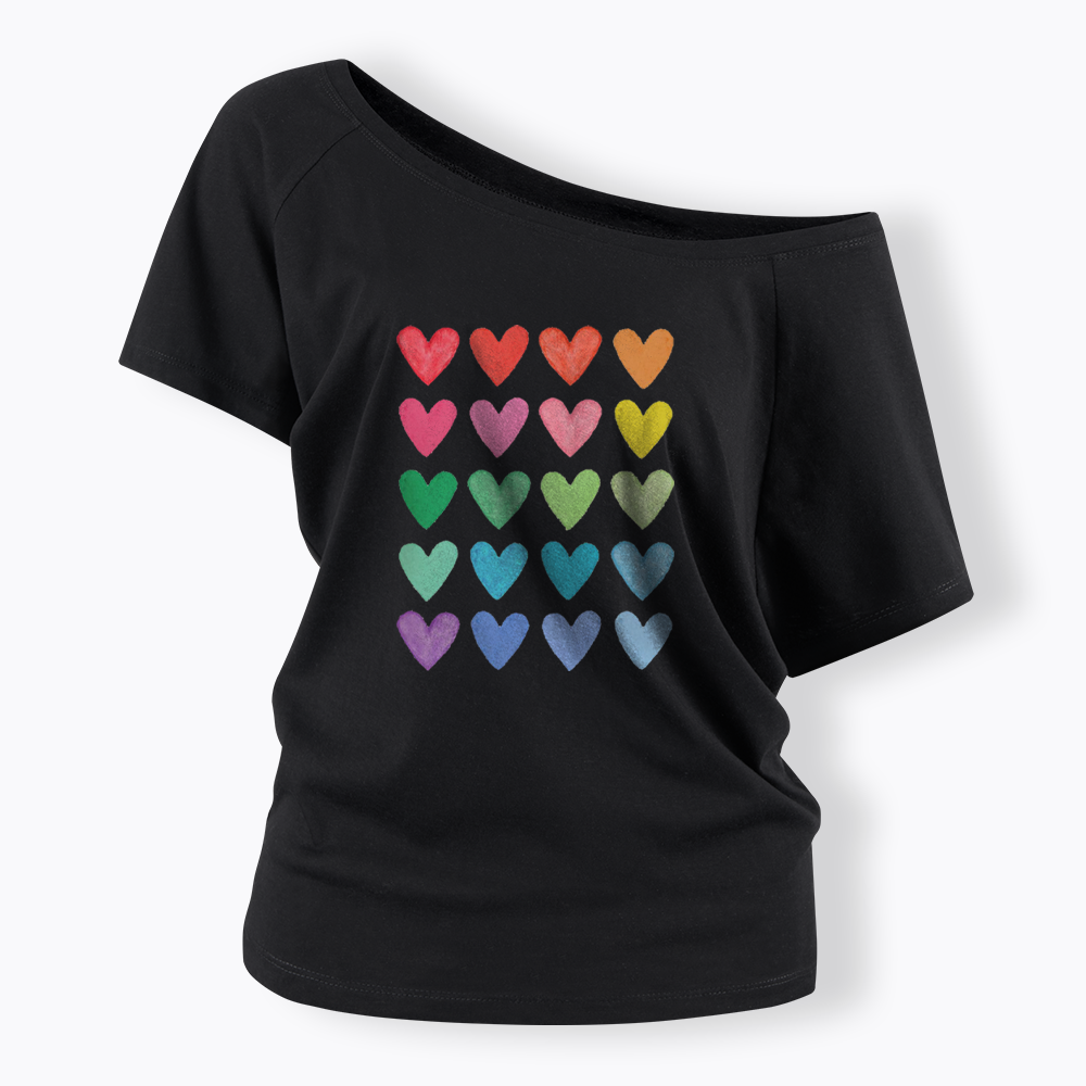 Rainbow Hearts Off Shoulder T-shirt