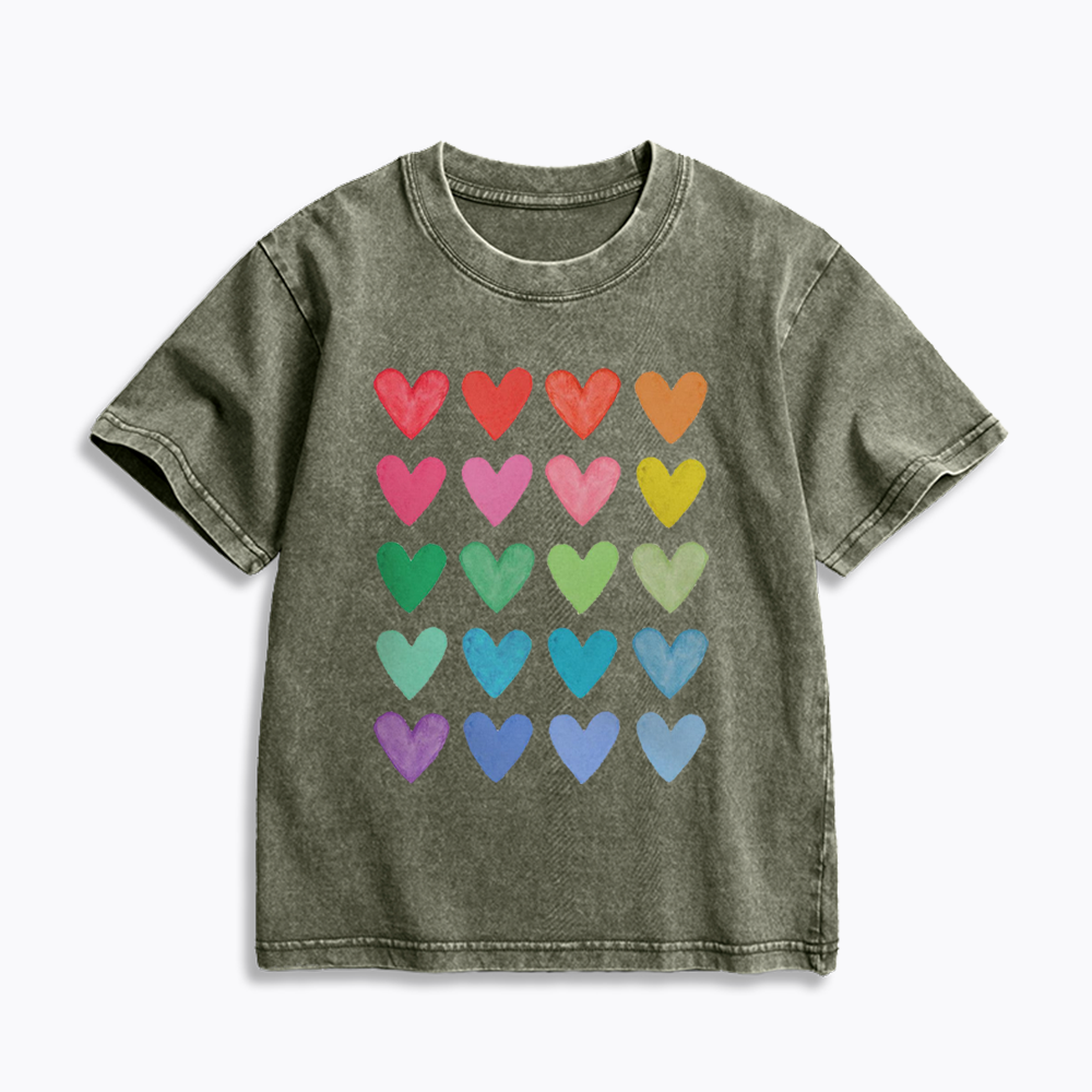 Rainbow Hearts Kids Washed T-Shirt