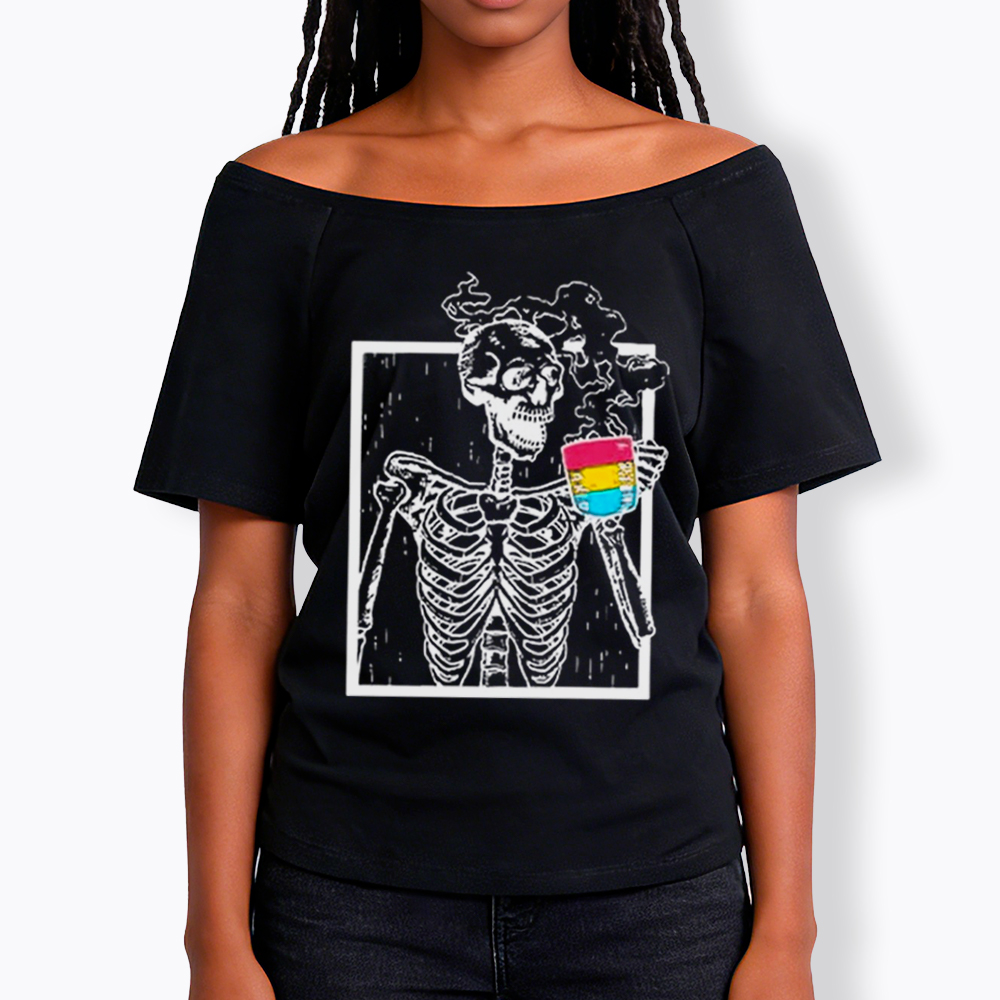 Pansexual Skeleton Drinking Coffee Off Shoulder T-shirt