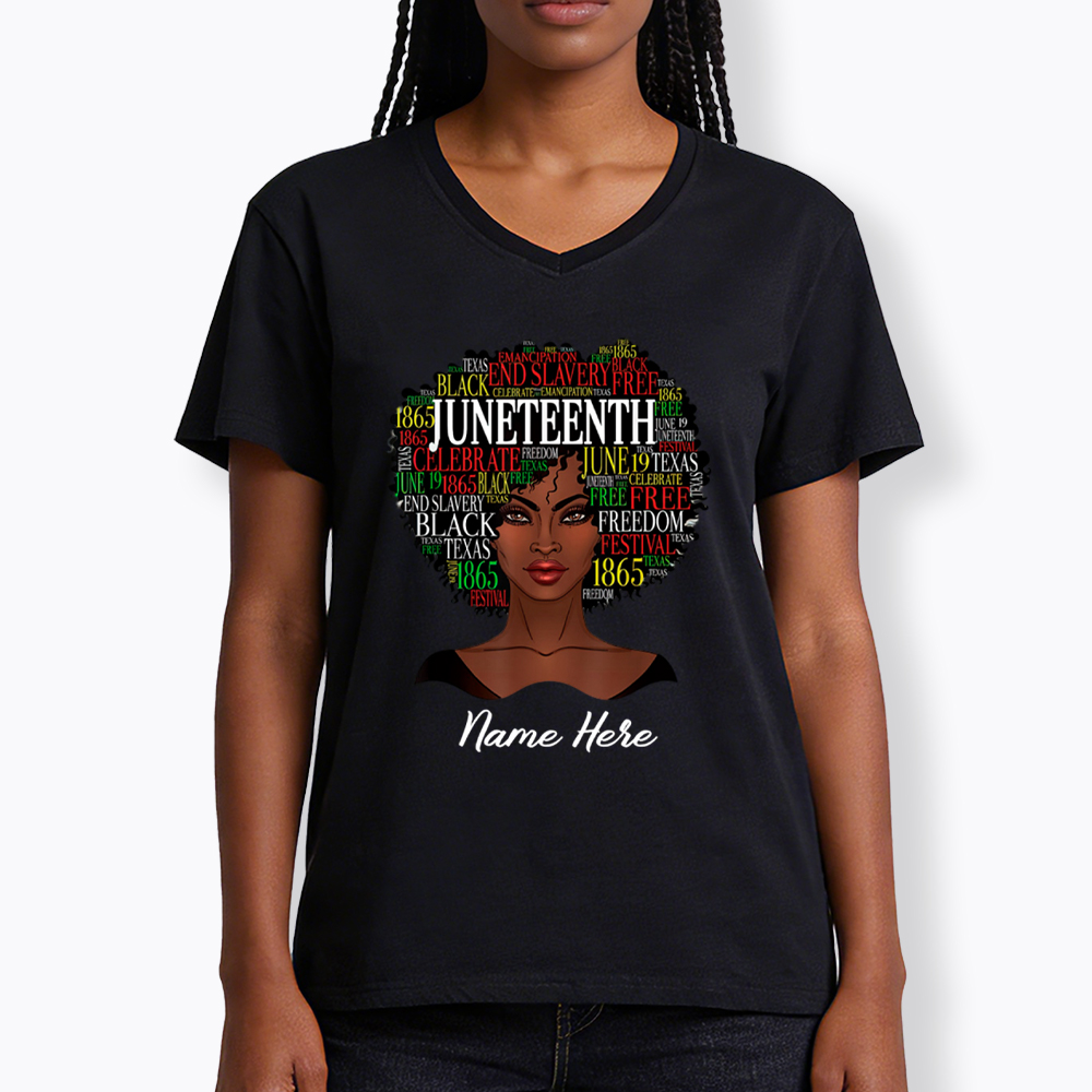 Personalized Juneteenth Black Women Natural Hair V-Neck Classic T-Shirt