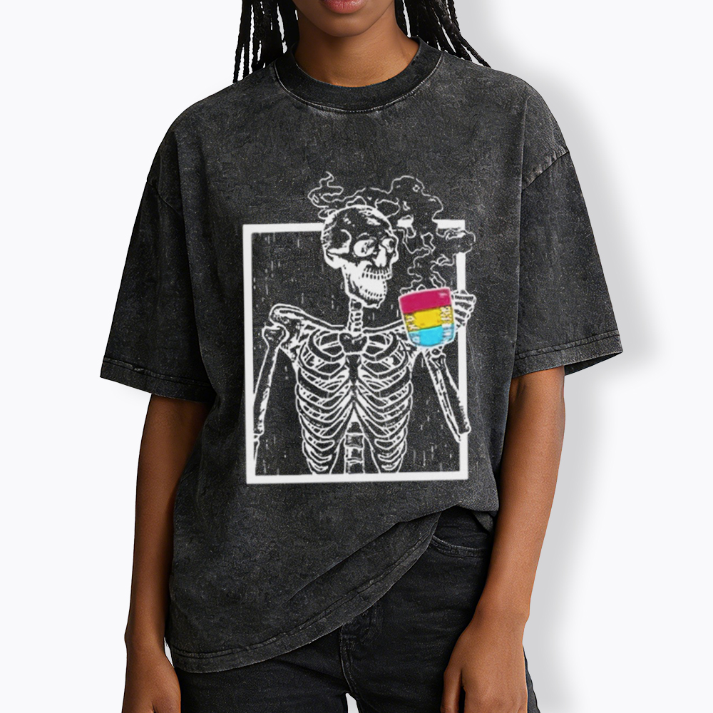 Pansexual Skeleton Drinking Coffee Washed T-Shirt