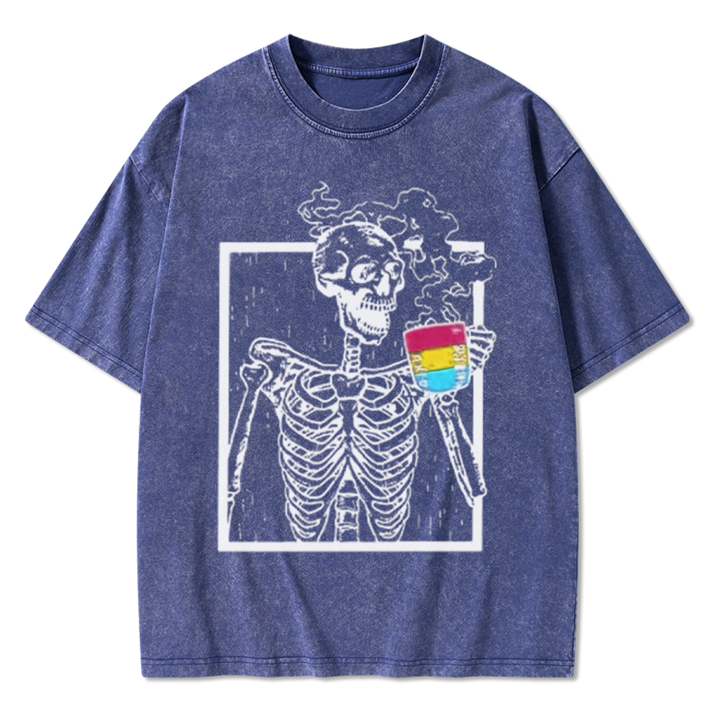 Pansexual Skeleton Drinking Coffee Washed T-Shirt