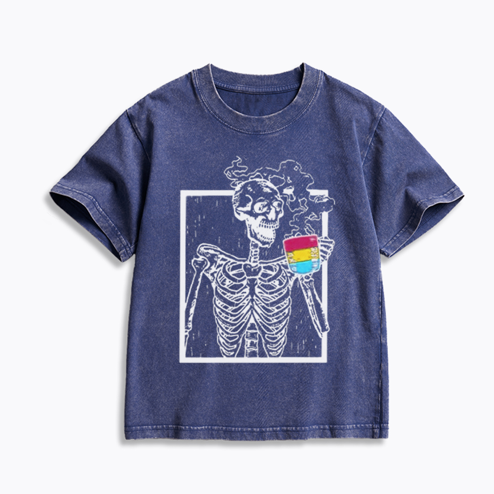Pansexual Skeleton Drinking Coffee Kids Washed T-Shirt