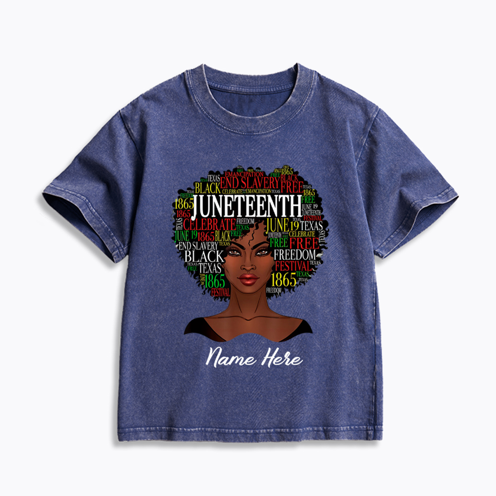 Personalized Juneteenth Black Women Natural Hair Kids Washed T-Shirt